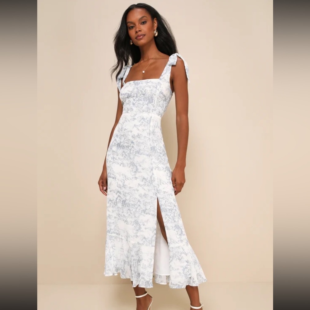 Lulus Summer Invite White And Blue Toile Tie-strap Tiered Midi Dress - Size L